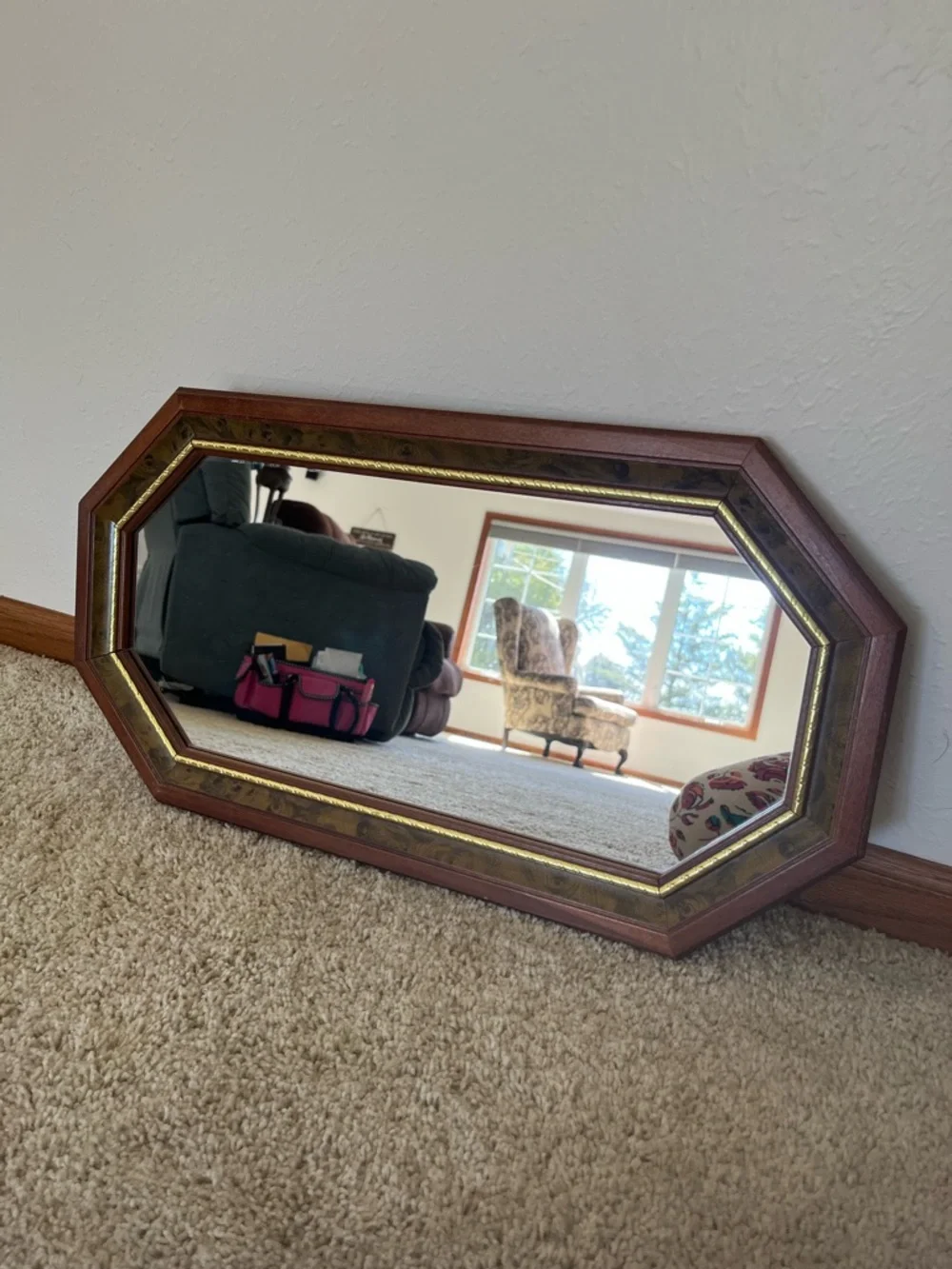 Octagonal Wood Wall Mirror with Gold Trim - Brown